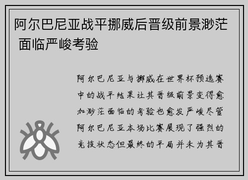 阿尔巴尼亚战平挪威后晋级前景渺茫 面临严峻考验