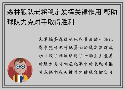 森林狼队老将稳定发挥关键作用 帮助球队力克对手取得胜利